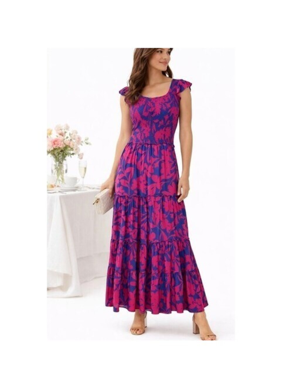 Abel The Label Anthropologie Smocked bodice Tube Maxi Dress Floral S Pink & Blue